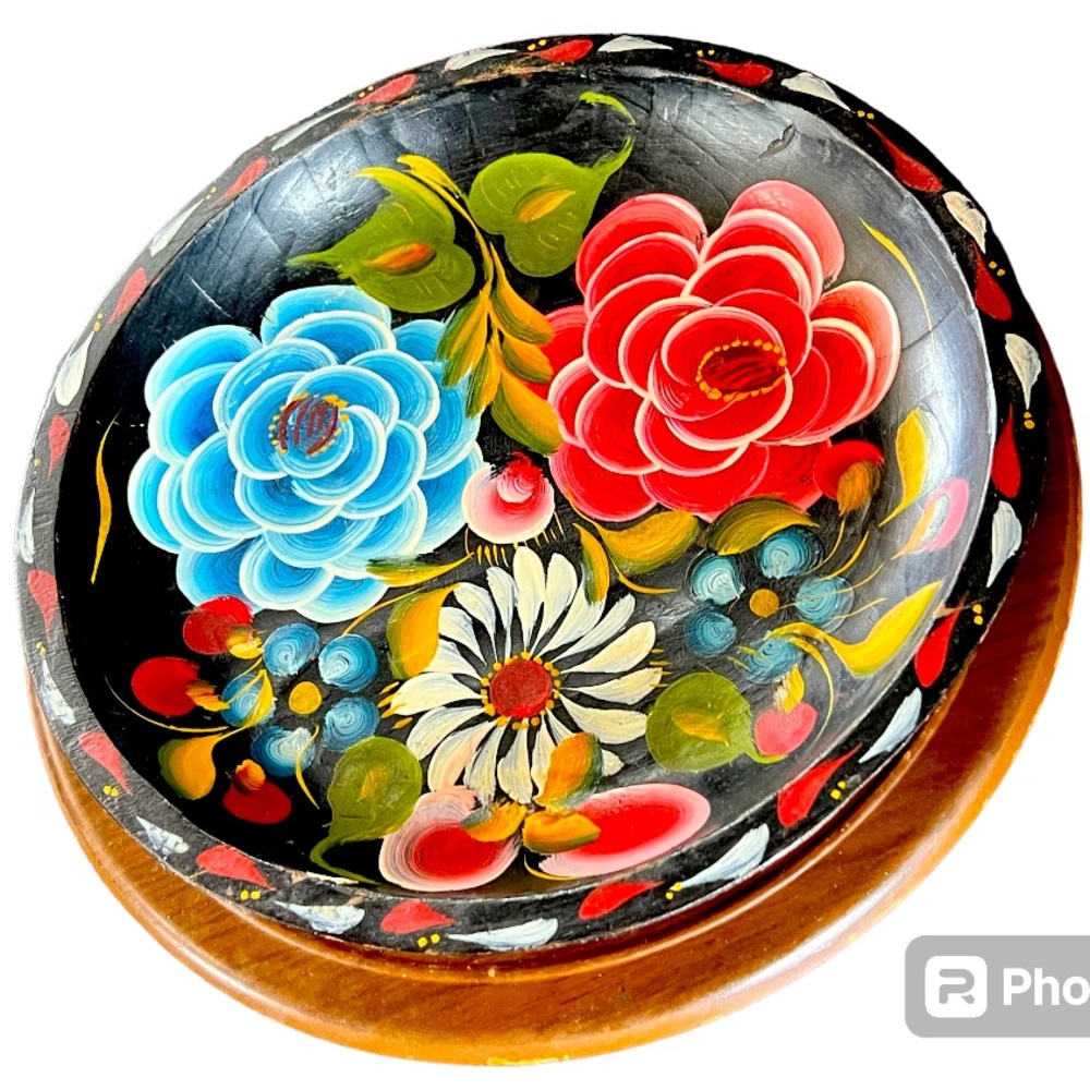 Red White Blue Hand Painted Vintage Wood Folk Art Mexican Batea Tole Tray Bowl